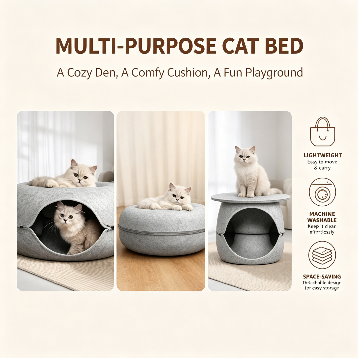 Donut Felt Cat Cave | Play Tunnel & Cozy Hideaway Bed for Cats