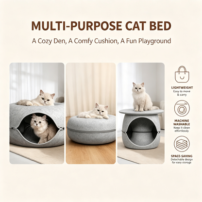 Donut Felt Cat Cave | Play Tunnel & Cozy Hideaway Bed for Cats